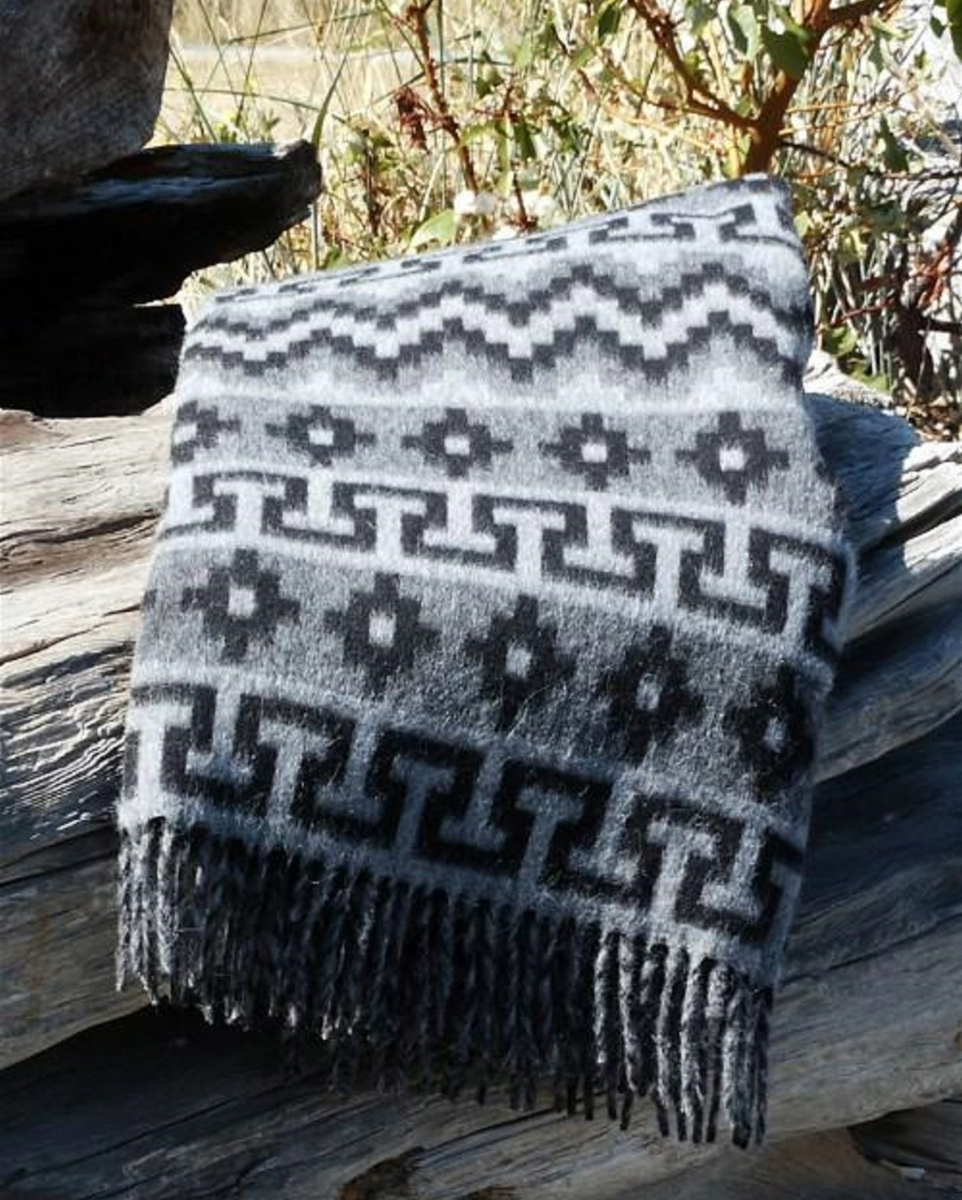 Best Brushed Alpaca Geometric Blanket - Silver Gray Fringed Natural Shades