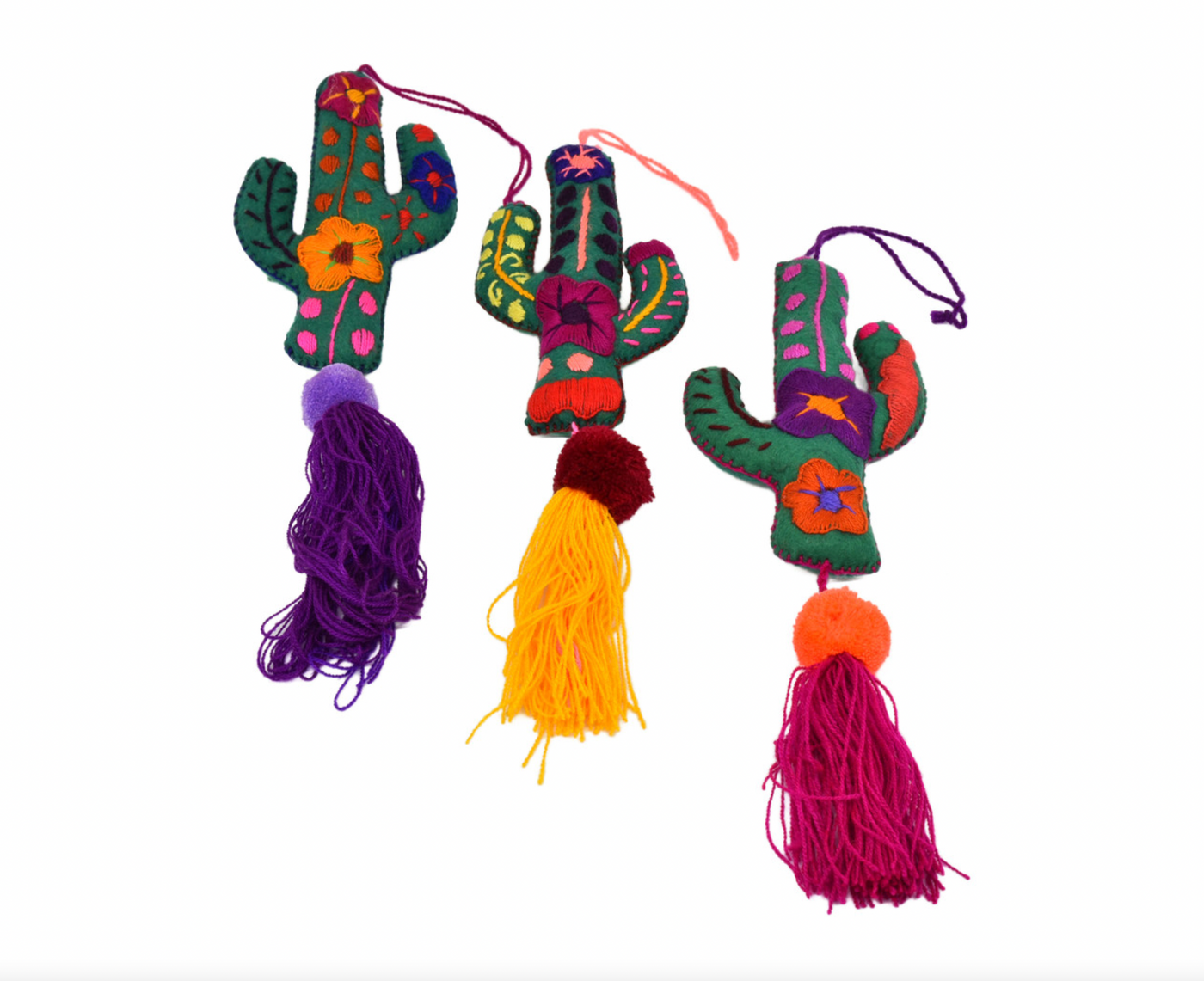 Mexican Christmas Ornaments Felt Cactus Hand Embroidered Pompoms