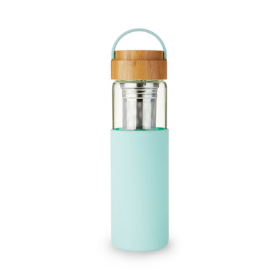 Glass Travel Tumbler Mug w/Infuser & Silicone Sleeve-Turquoise