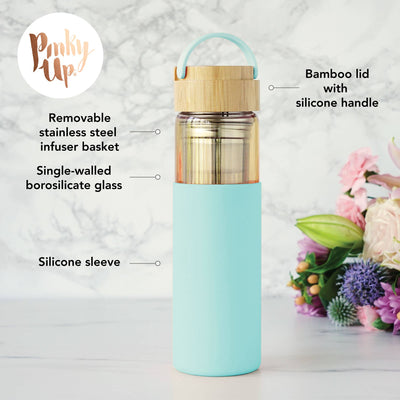 Glass Travel Tumbler Mug w/Infuser & Silicone Sleeve-Turquoise
