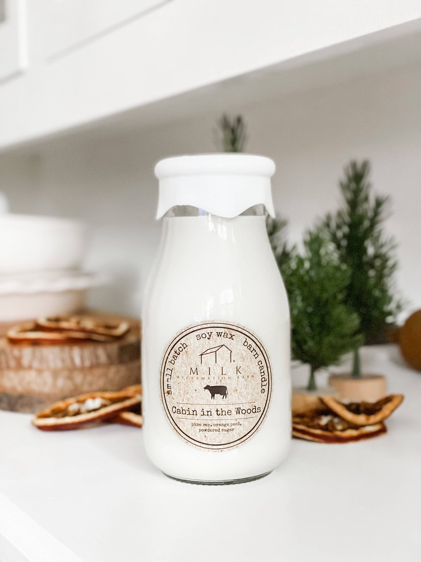 Milk Bottle Candle Cabin in the Woods (Pine, Orange Peel)
