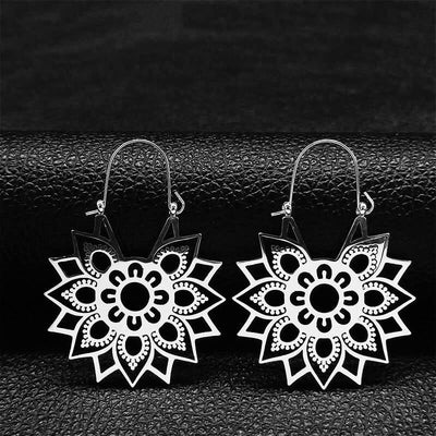 Stainless Steel Mandala Flower Boho Hoop Earrings