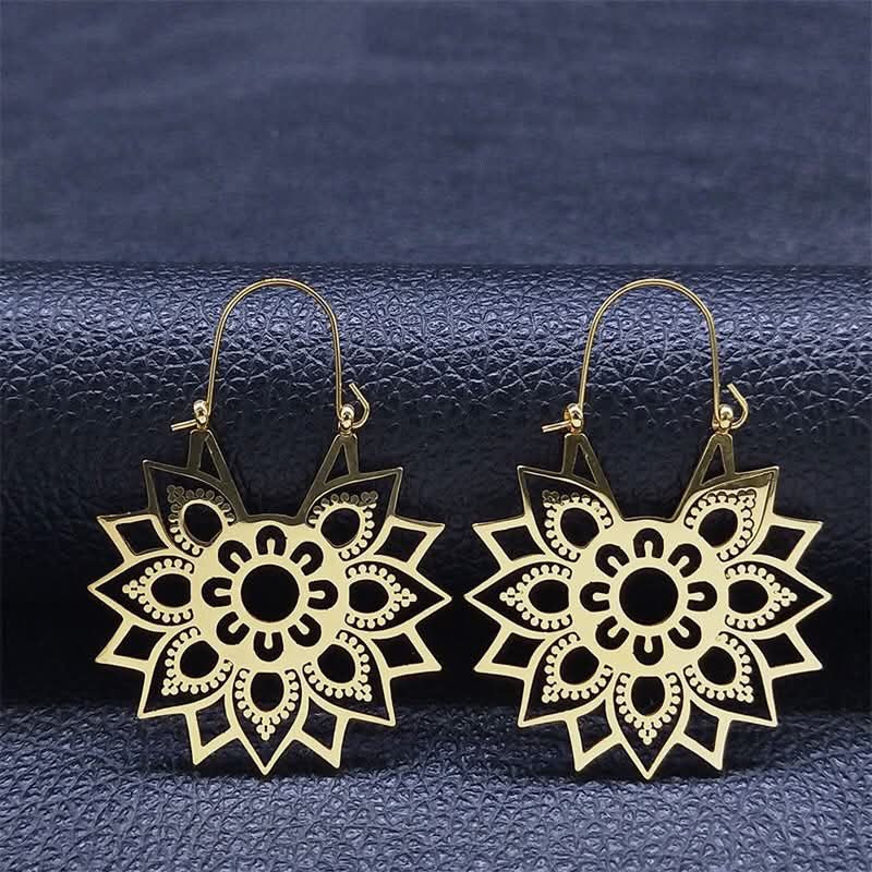 Stainless Steel Mandala Flower Boho Hoop Earrings