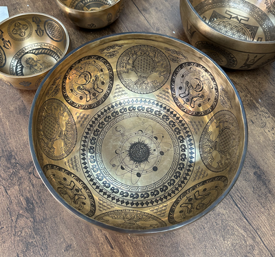 9" Tibetan Singing Bowl – Sacred Mantra Design