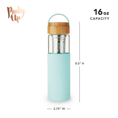 Glass Travel Tumbler Mug w/Infuser & Silicone Sleeve-Turquoise