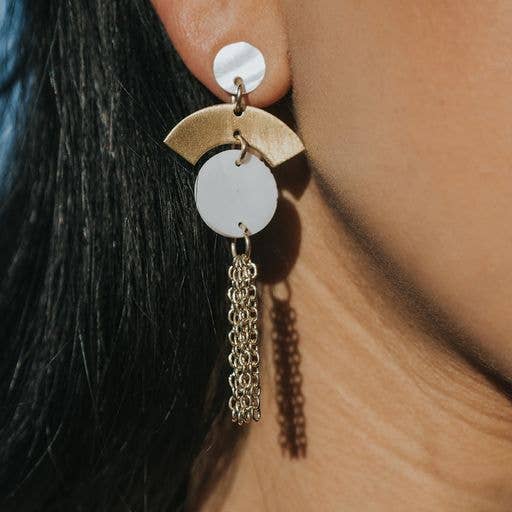 Ishwari Dangle Earrings - Mother of Pearl, Chain Tassel