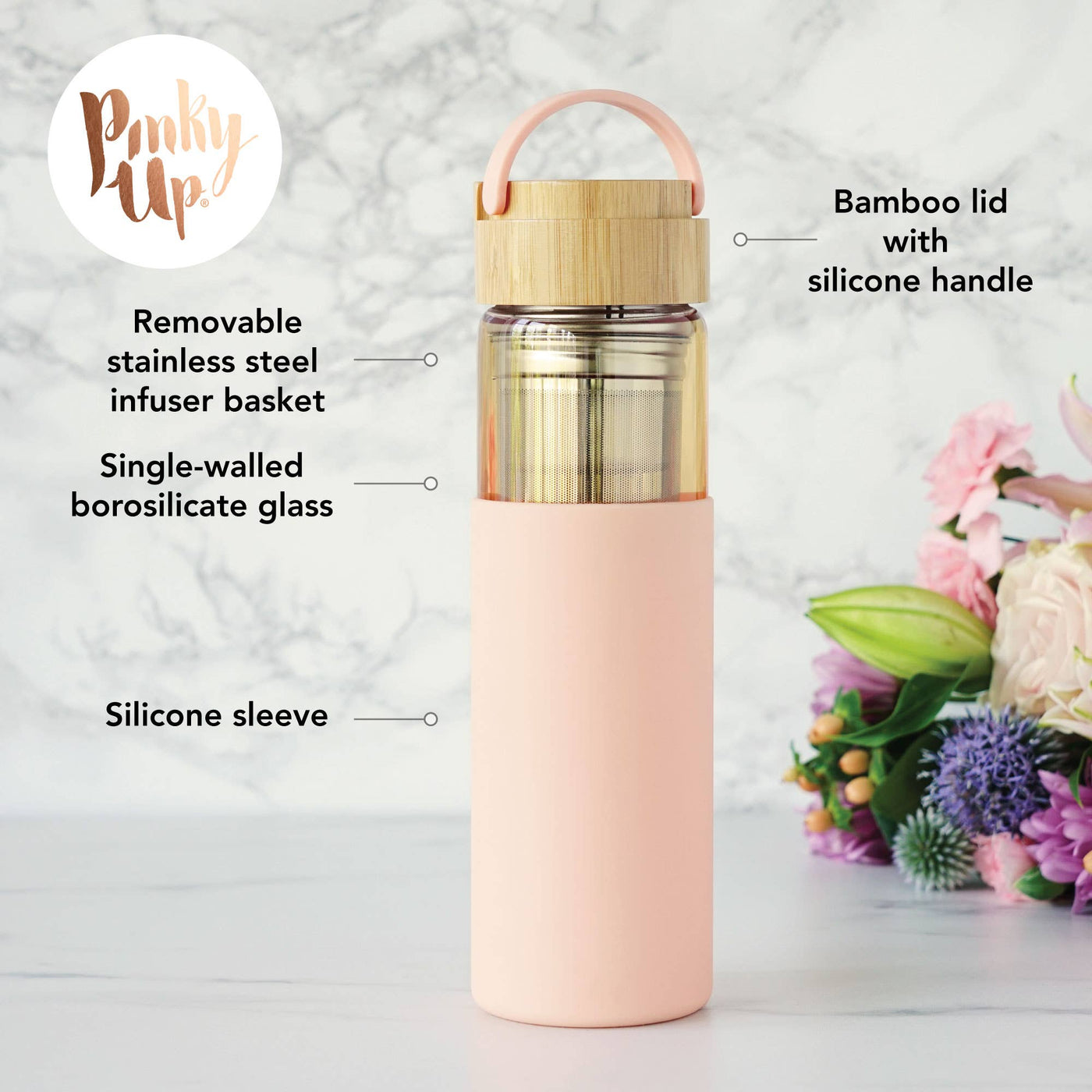 Glass Travel Tumbler Mug w/ Infuser & Silicone Sleeve - Coral