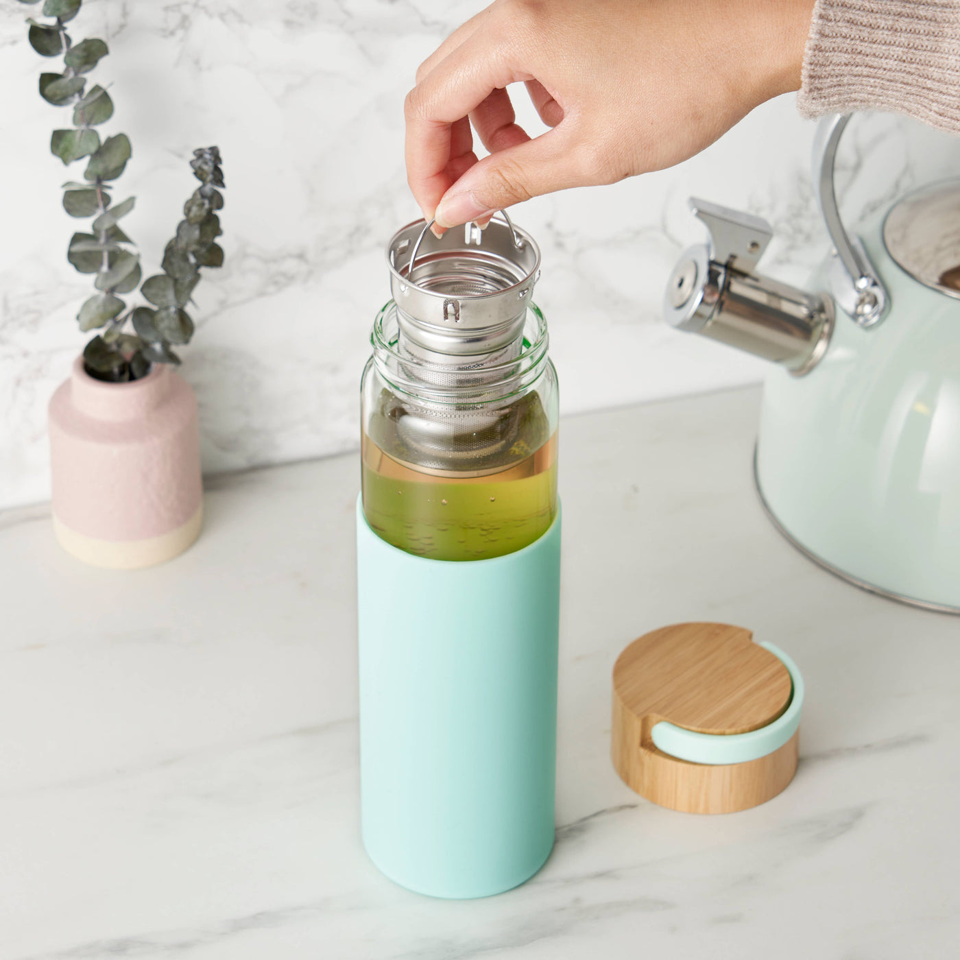 Glass Travel Tumbler Mug w/Infuser & Silicone Sleeve-Turquoise