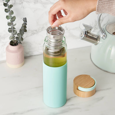 Glass Travel Tumbler Mug w/Infuser & Silicone Sleeve-Turquoise
