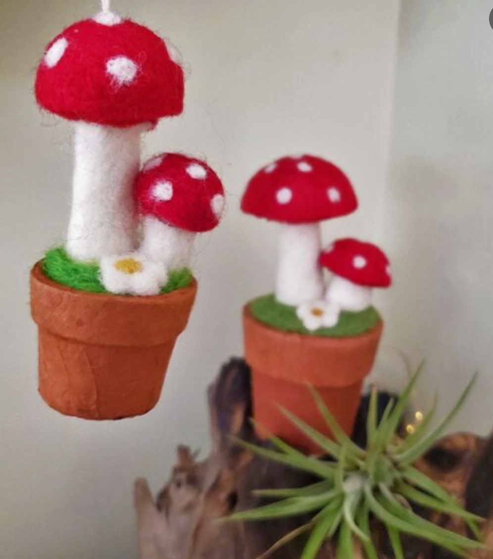 Twin Fairy Mushroom Felt Ornament - Yellow